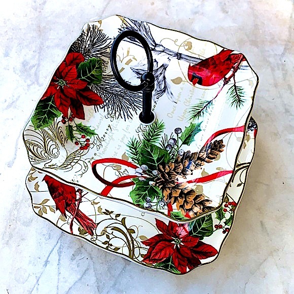 222 FIFTH  “HOLIDAY WISHES” 2 TIERED SERVING TRAY POINSETTIA PINECONES SCRIPT - Picture 7 of 11